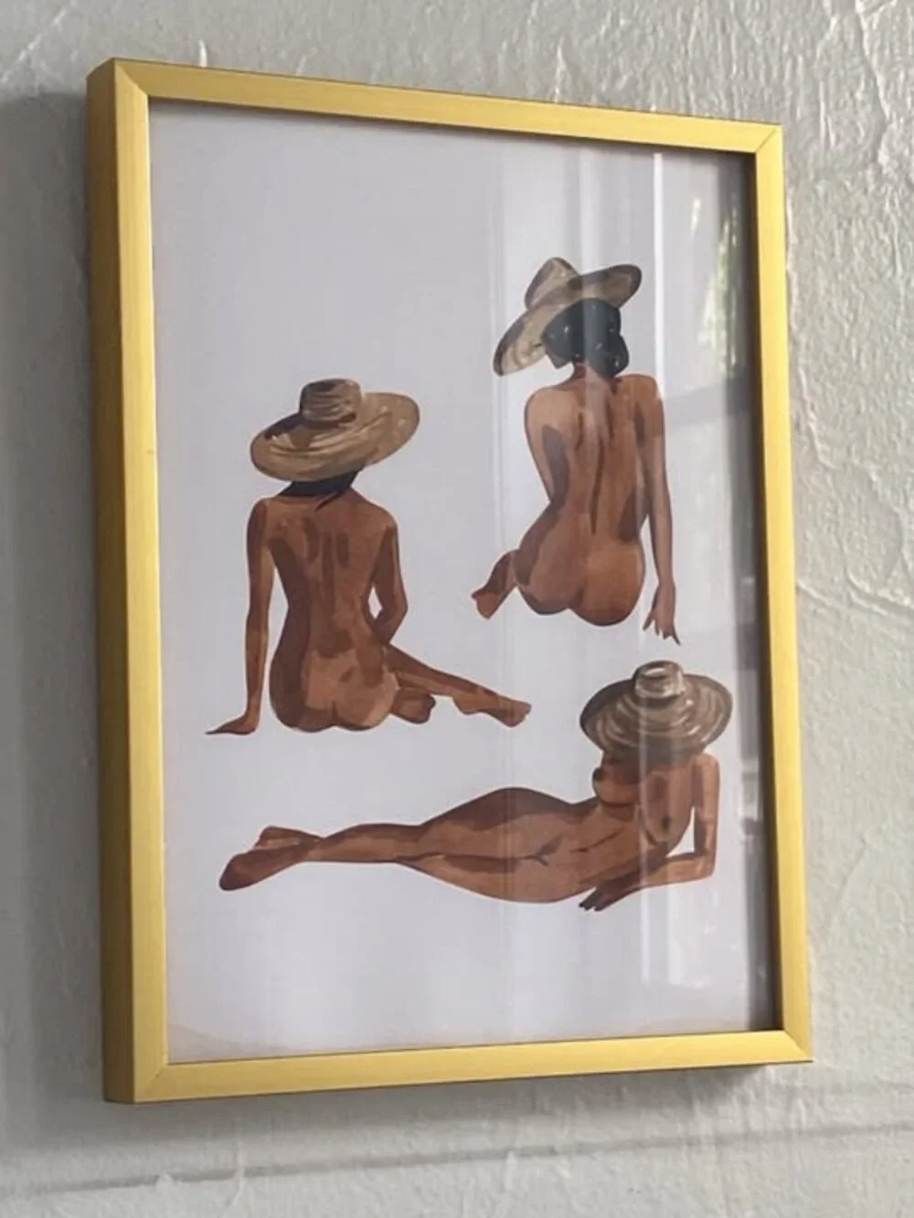 Fashion-Inspired Watercolor Painting of Women Wearing Raffia Hats in Gold Frame